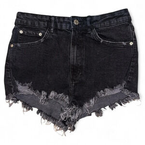 Zara High Waisted Distressed Jean Denim Cheeky Shorts Black Dark wash Raw Hem 8